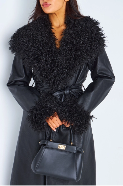 Veste en simili cuir noire à empiècement peau de mouton