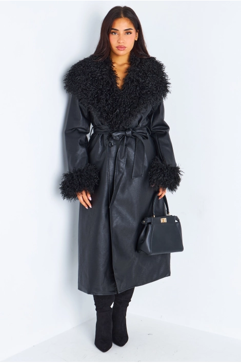 Veste en simili cuir noire à empiècement peau de mouton