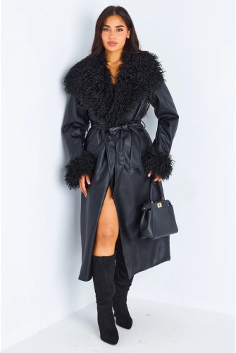 Veste en simili cuir noire à empiècement peau de mouton