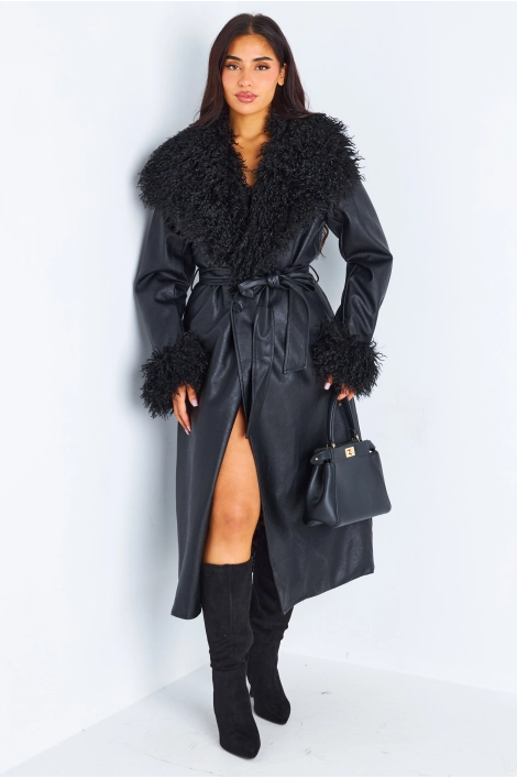 Veste en simili cuir noire à empiècement peau de mouton