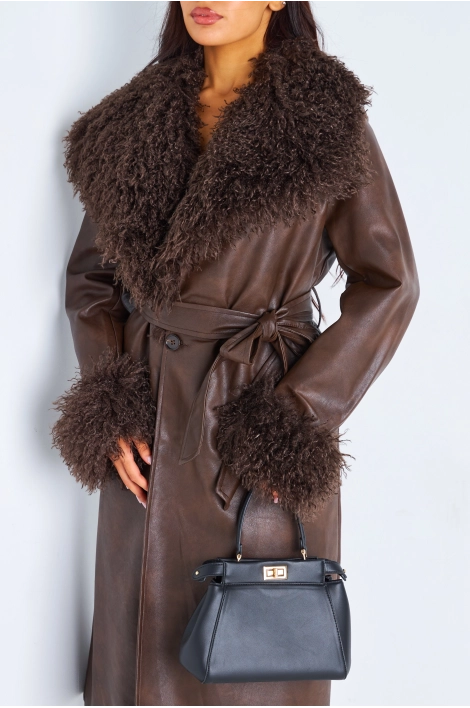 Veste en simili cuir marron à empiècement peau de mouton
