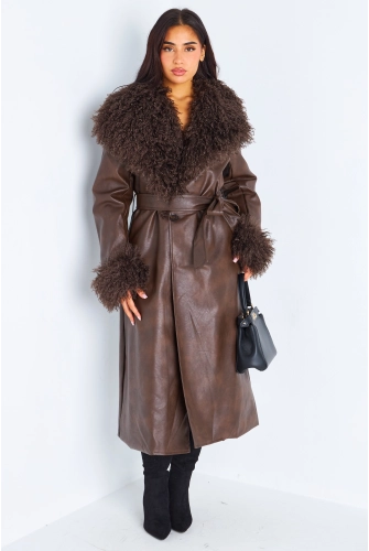 Veste en simili cuir marron à empiècement peau de mouton