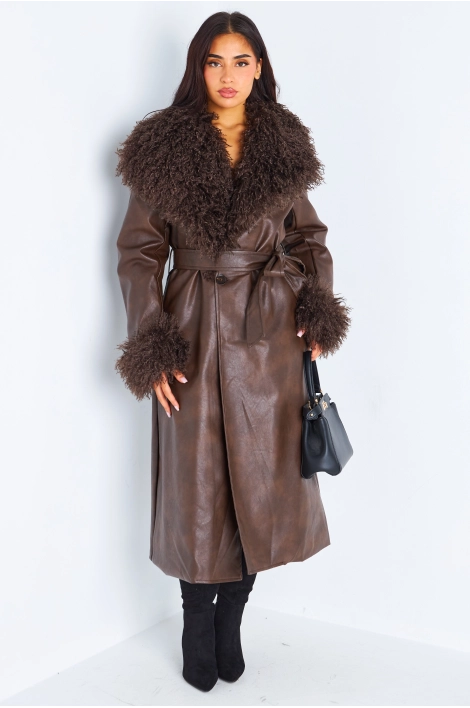 Veste en simili cuir marron à empiècement peau de mouton