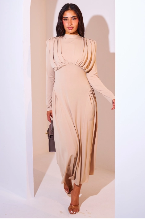 Robe longue cintrée beige à effet drapé