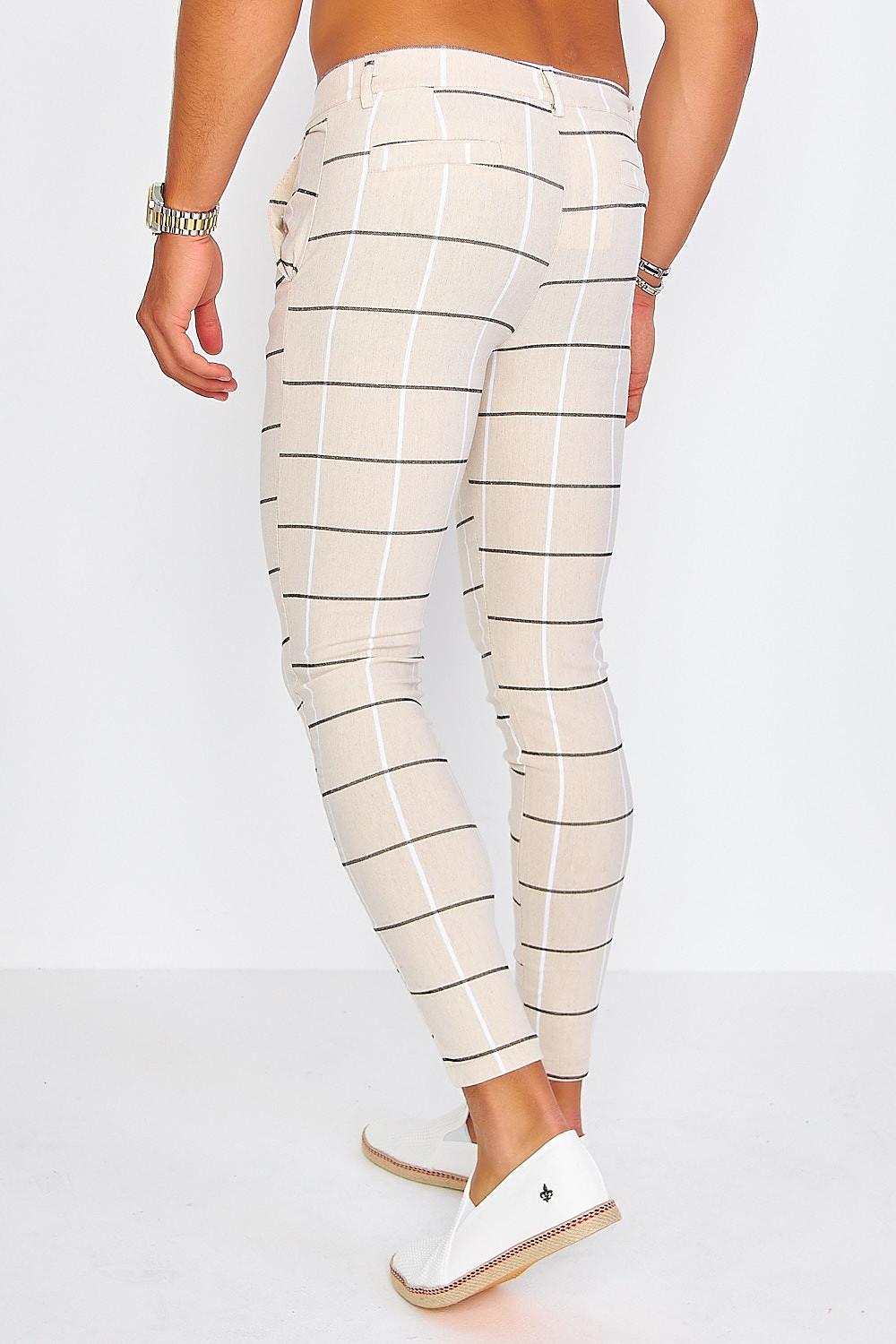 Pantalon à pince beige à carreaux