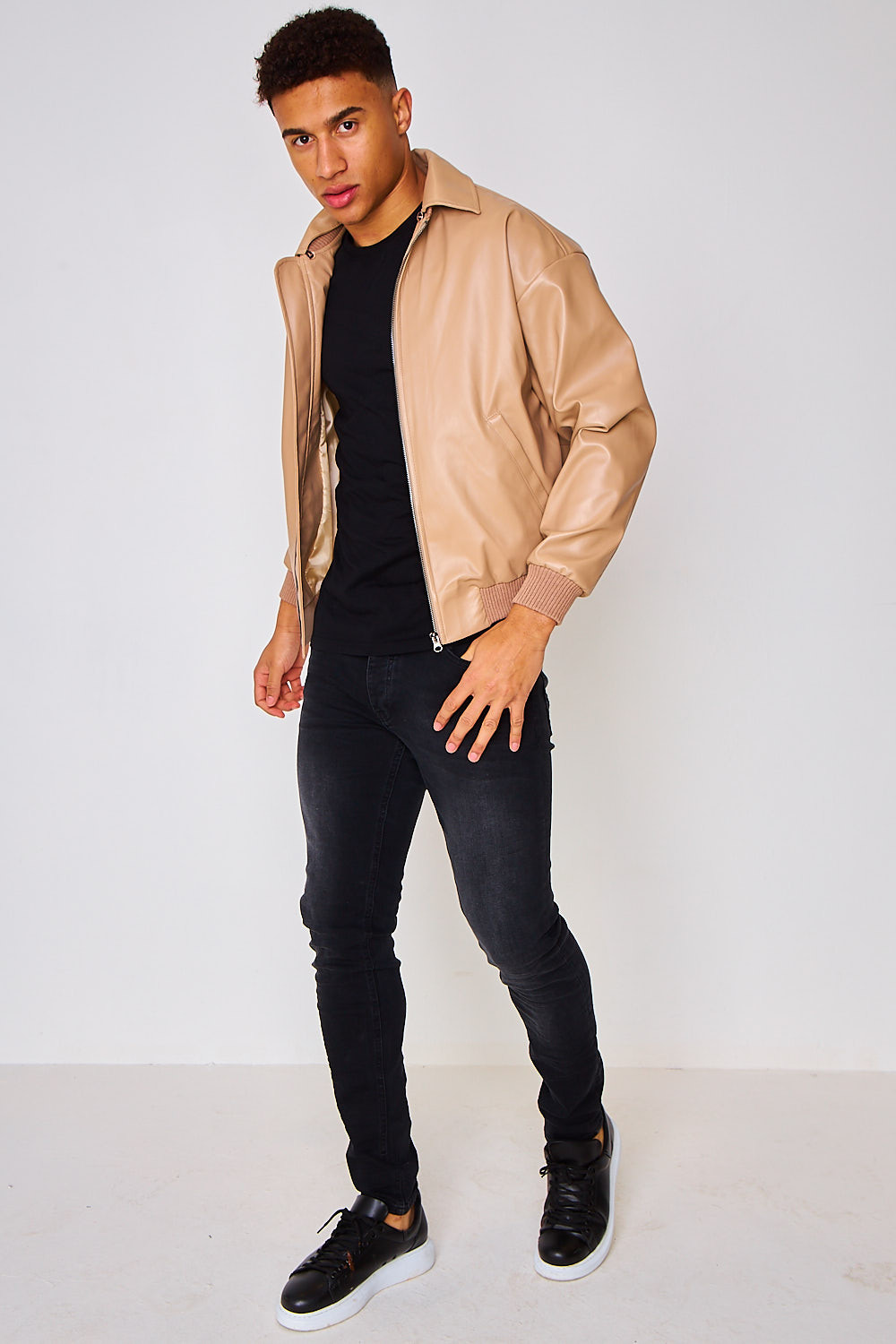 Bomber en simili cuir beige foncé