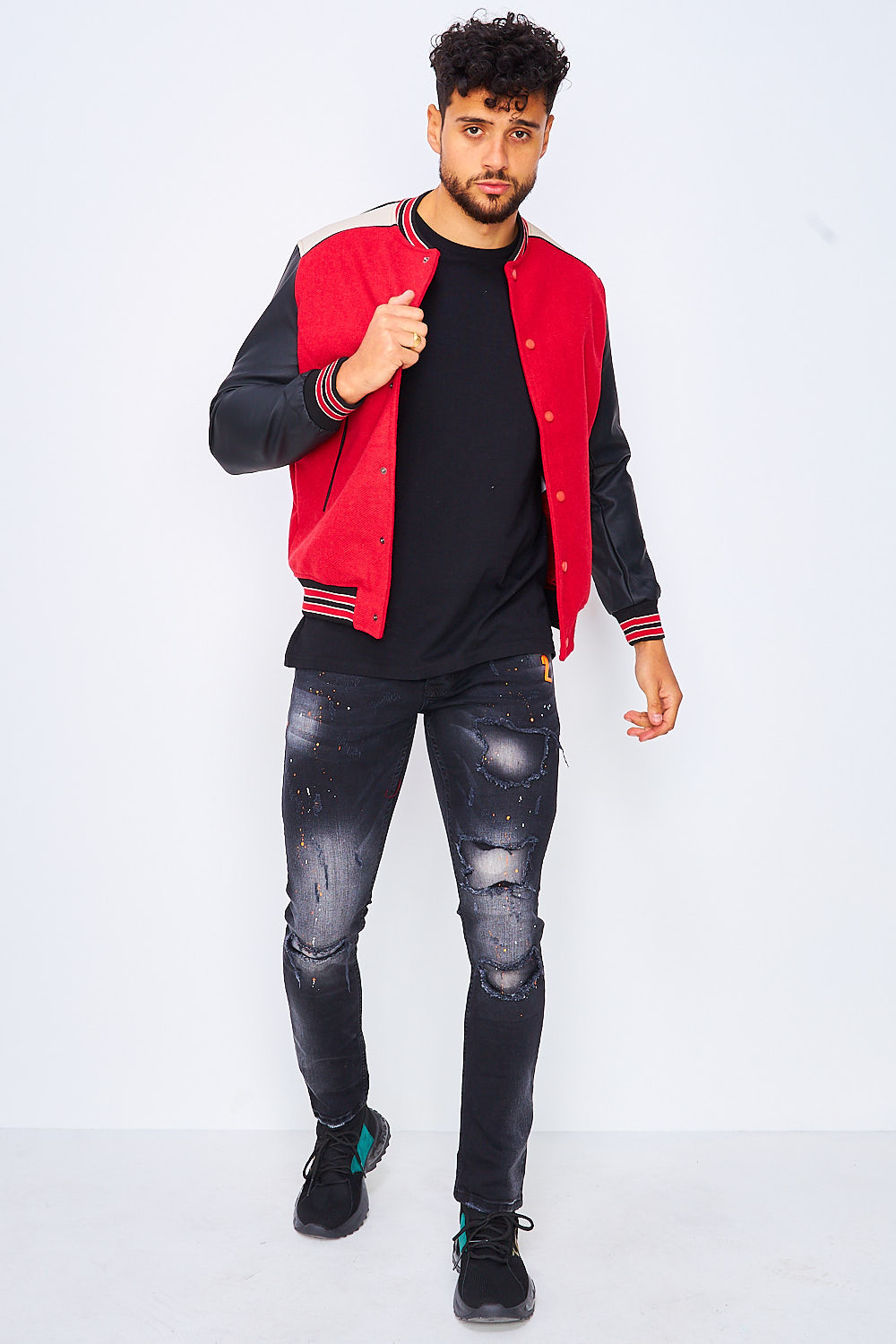 Bomber rouge/noir manches simili cuir