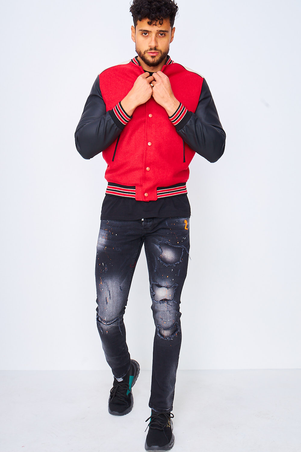 Bomber rouge/noir manches simili cuir