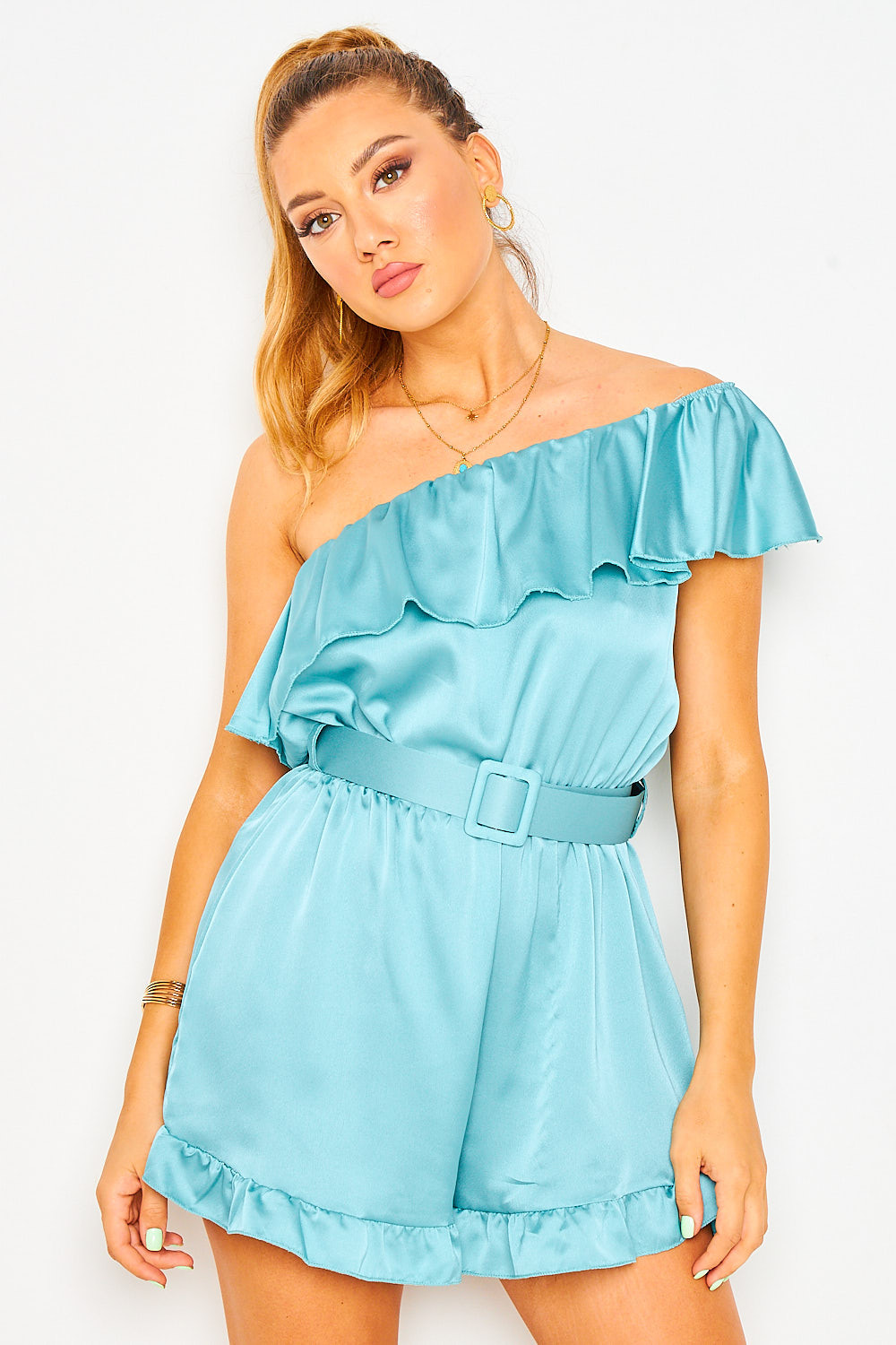 Combishort bustier bleu satiné ceinturée