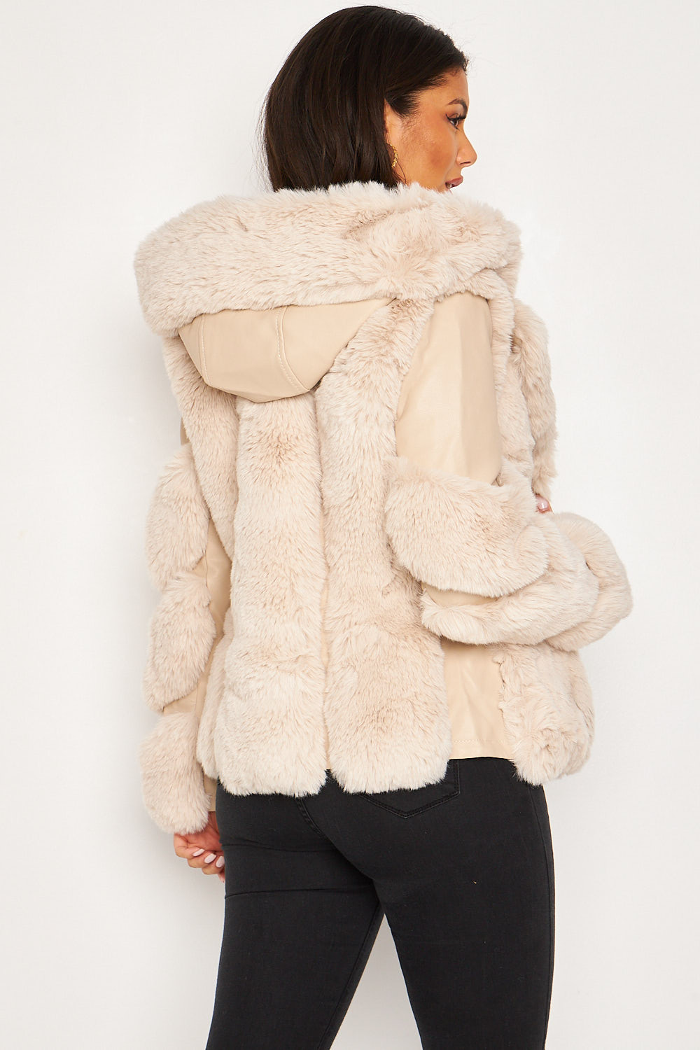 Veste beige simili cuir et fausse fourrure