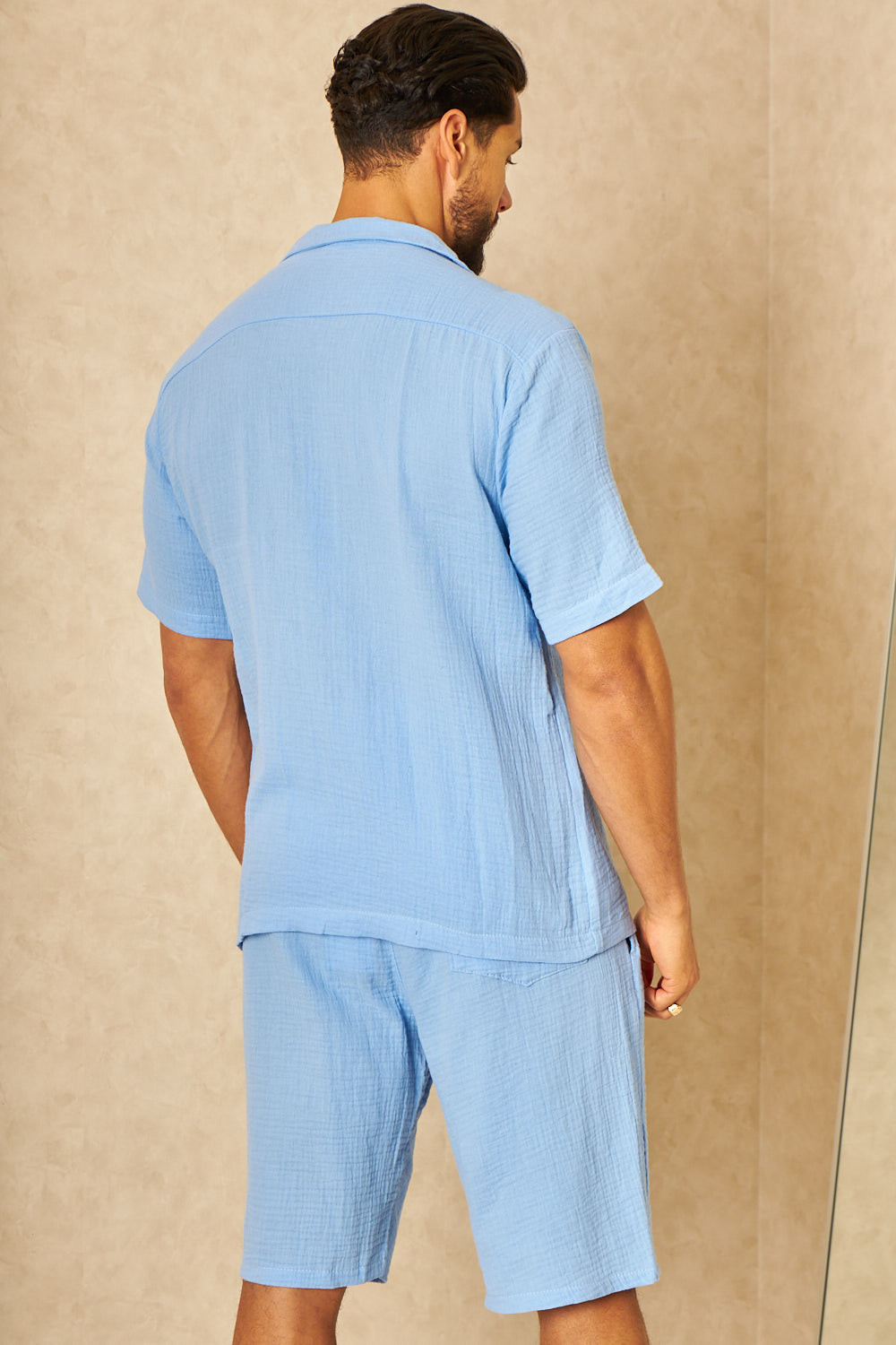 Ensemble 2 pièces chemise + short effet lin bleu ciel
