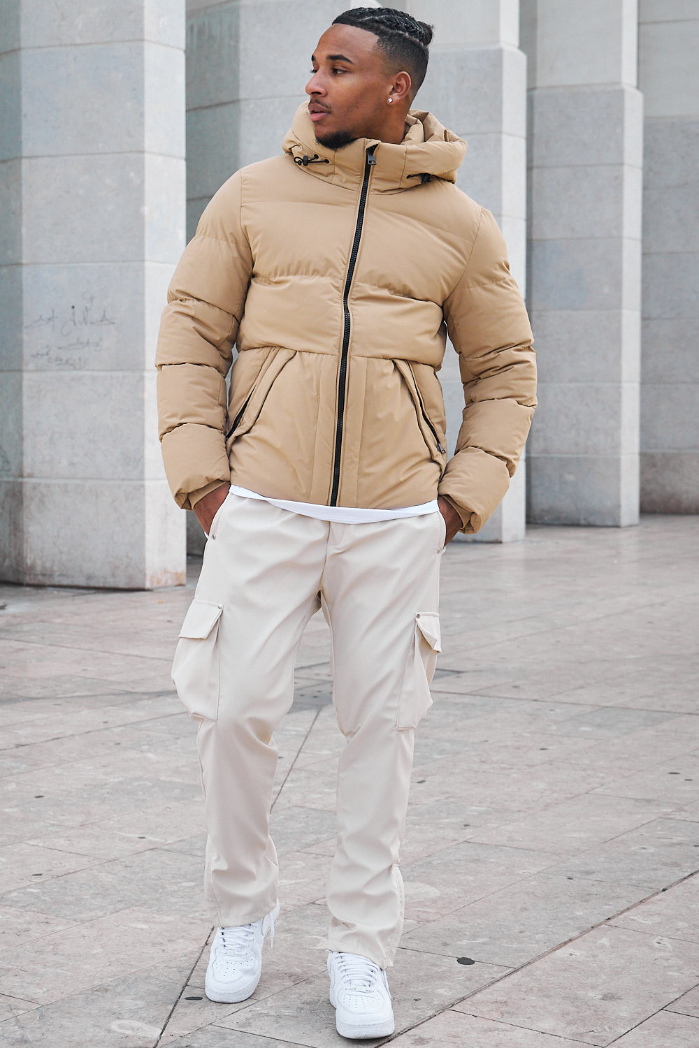 Parka beige à capuche mi-longue