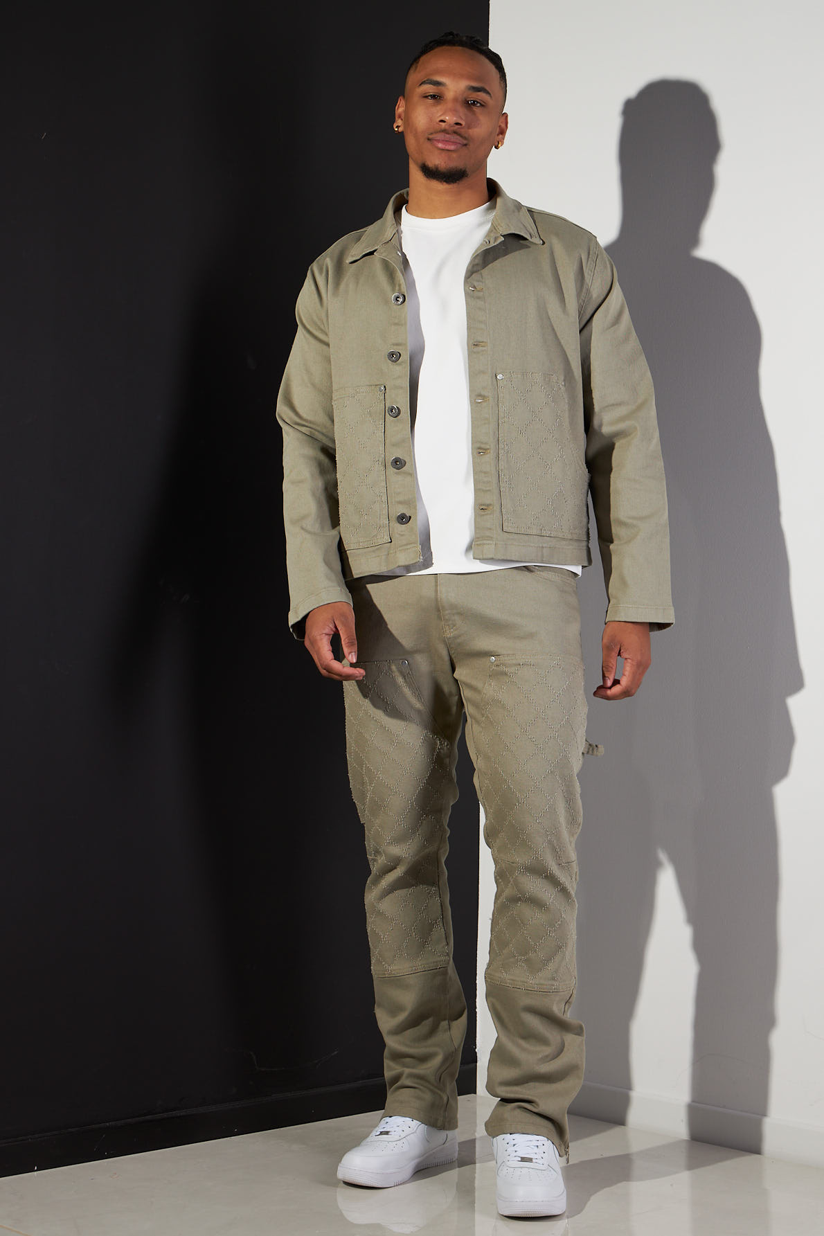 Ensemble 2 pièces veste + jean kaki à motif losange