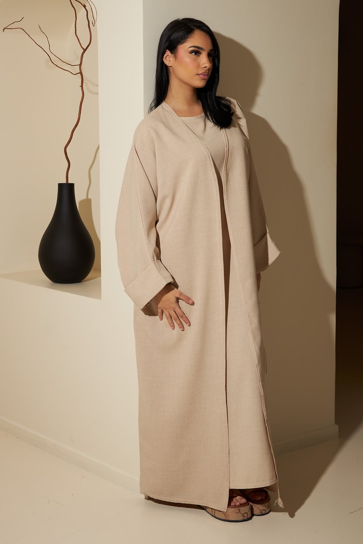 Ensemble 2 pièces abaya + kimono chiné beige