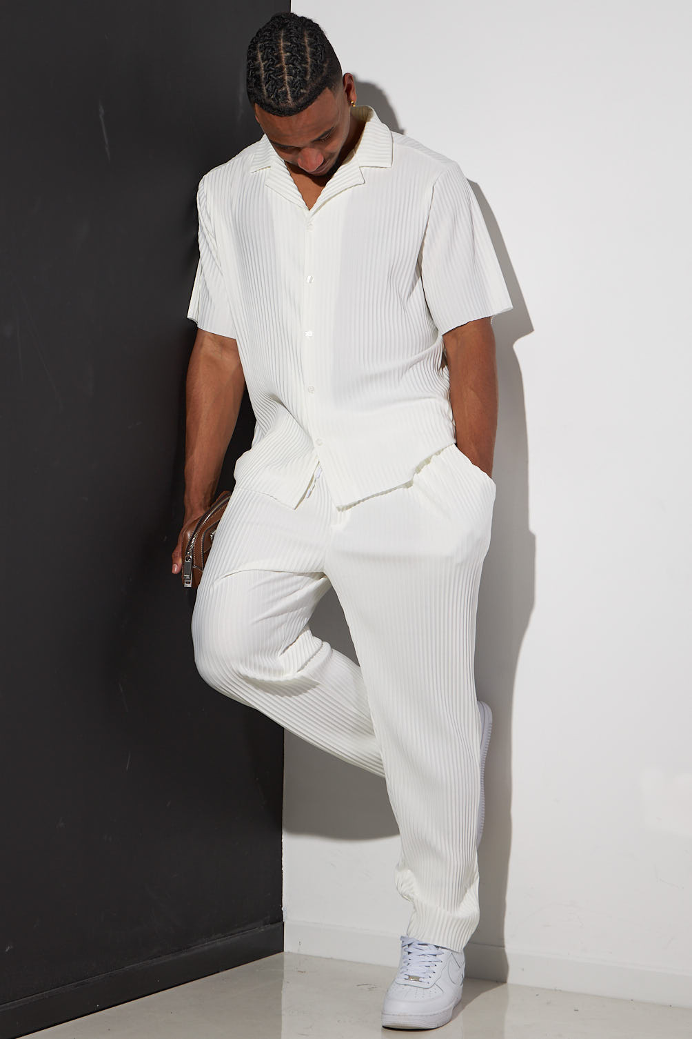 Ensemble 2 pièces chemise + pantalon blanc plissé