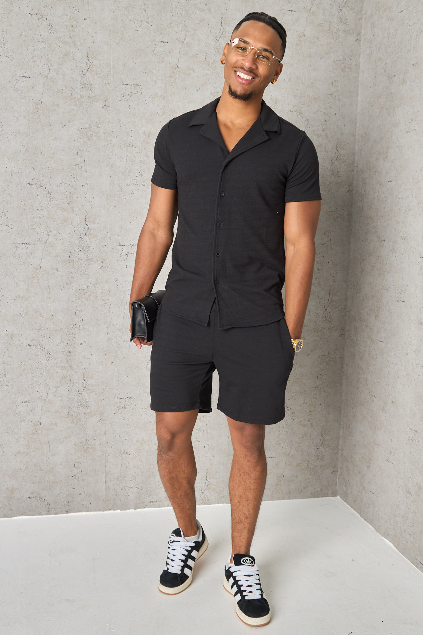 Ensemble 2 pièces chemise + short noir texturé