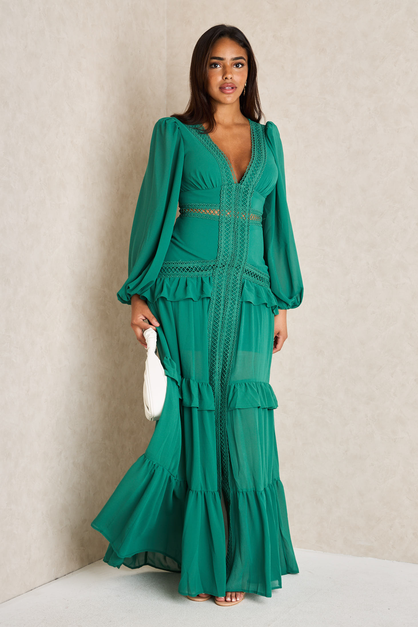 Robe longue vert foncé à empiècement crochet