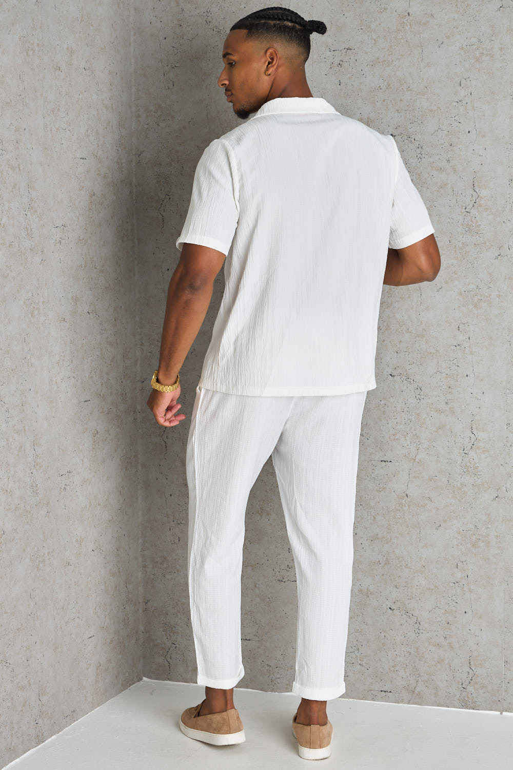 Ensemble 2 pièces chemise + pantalon blanc texturée