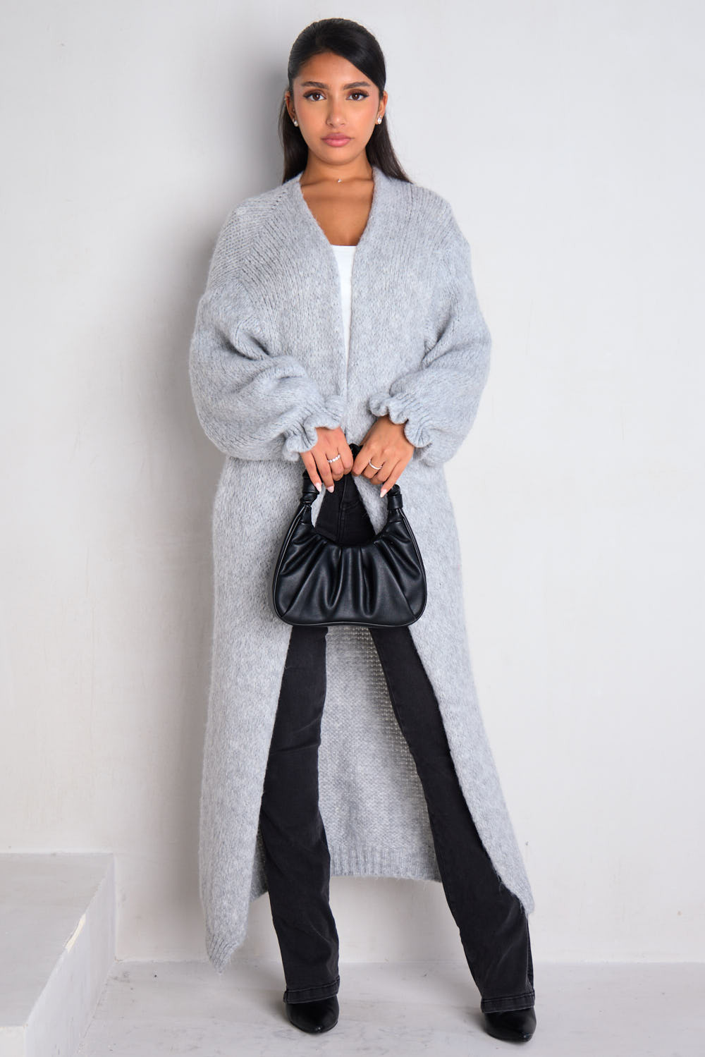 Gilet long ouvert en laine gris