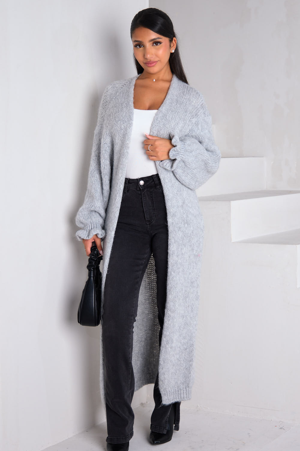 Gilet long ouvert en laine gris