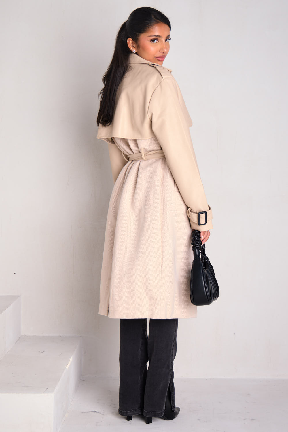 Veste bi-matière en simili cuir beige