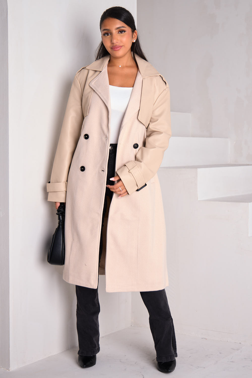 Veste bi-matière en simili cuir beige