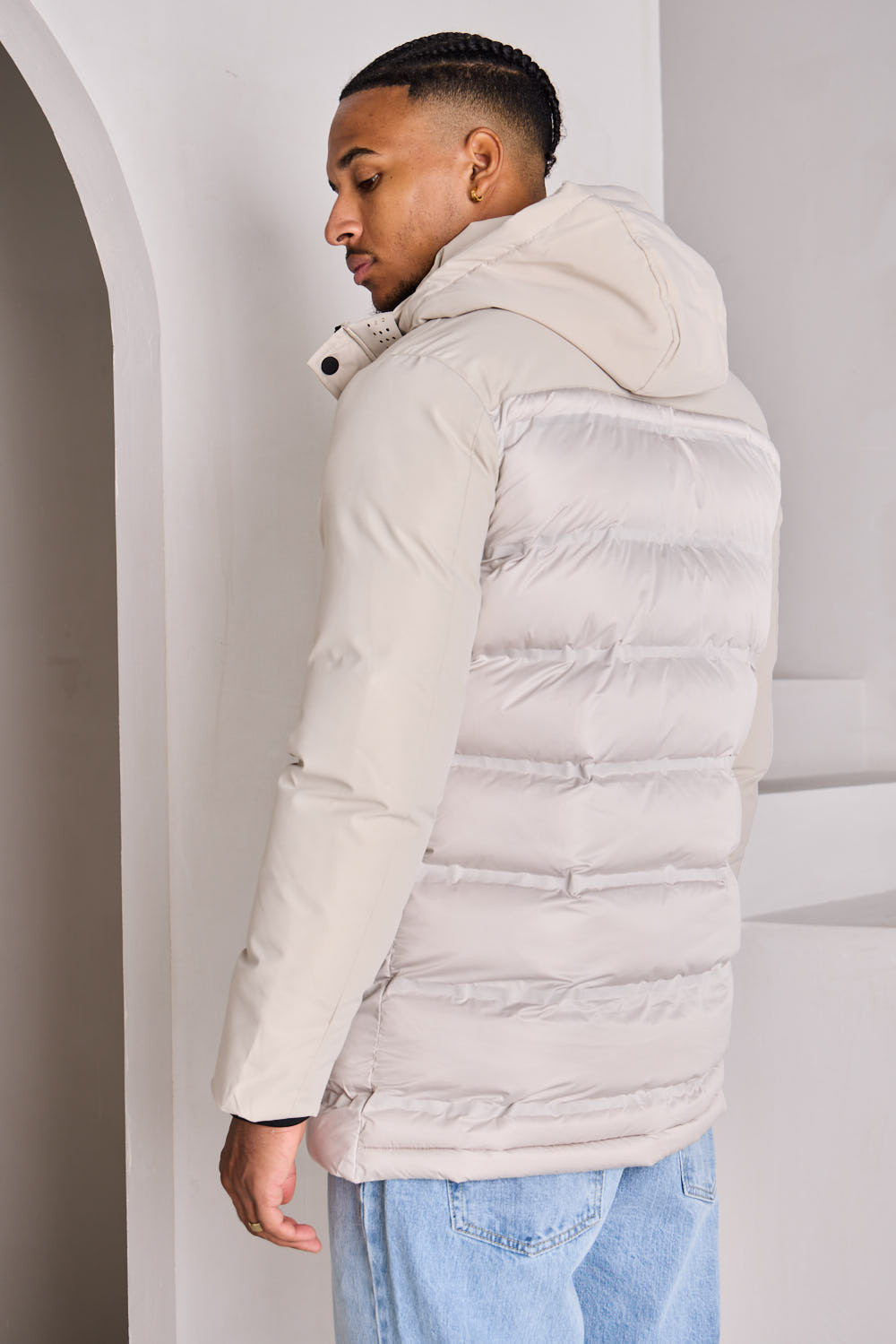 Doudoune matelassée beige bi-matière à capuche