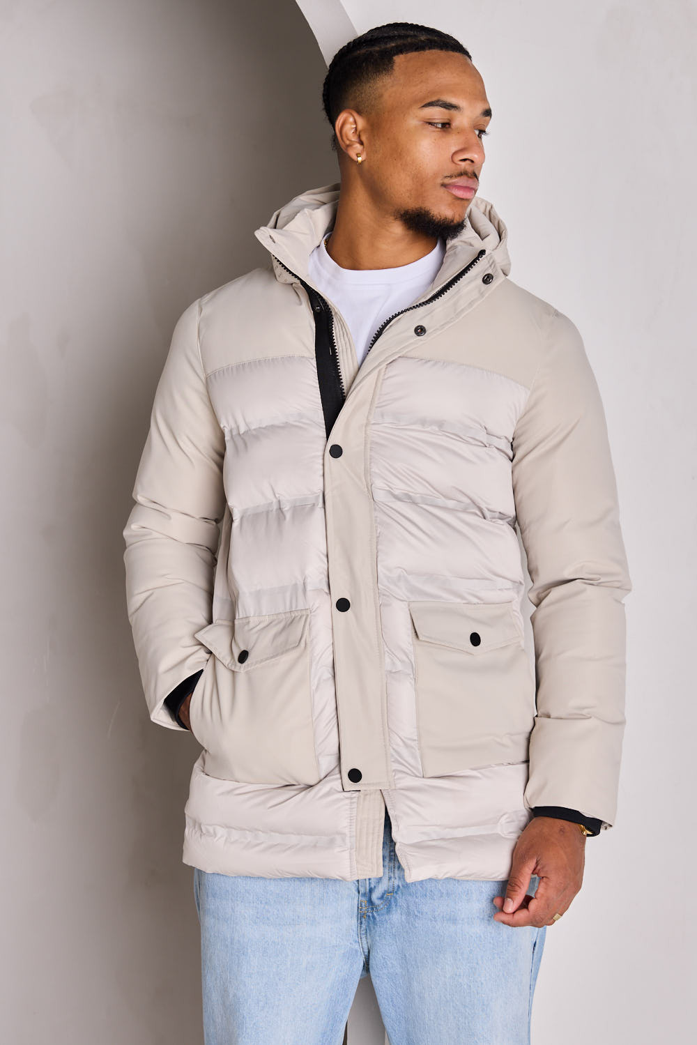 Doudoune matelassée beige bi-matière à capuche