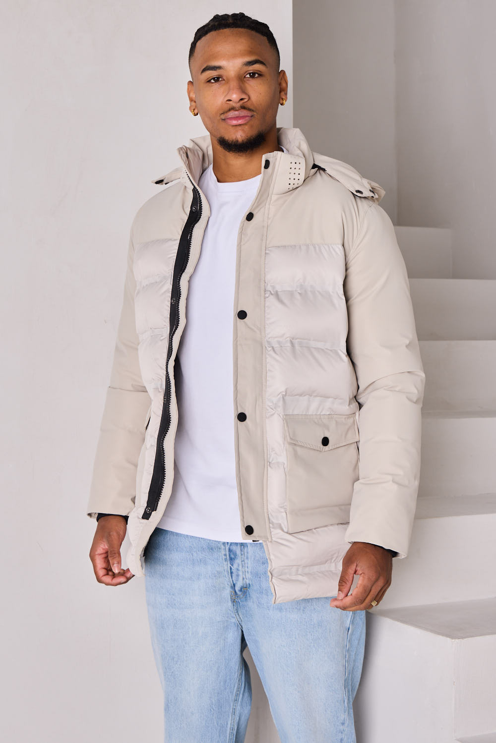 Doudoune matelassée beige bi-matière à capuche