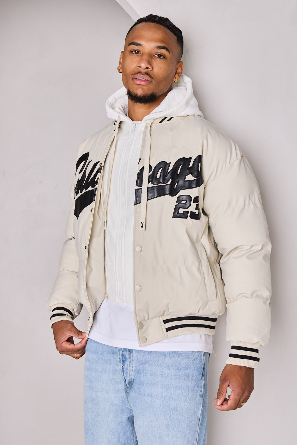 Veste double effet bomber beige à capuche