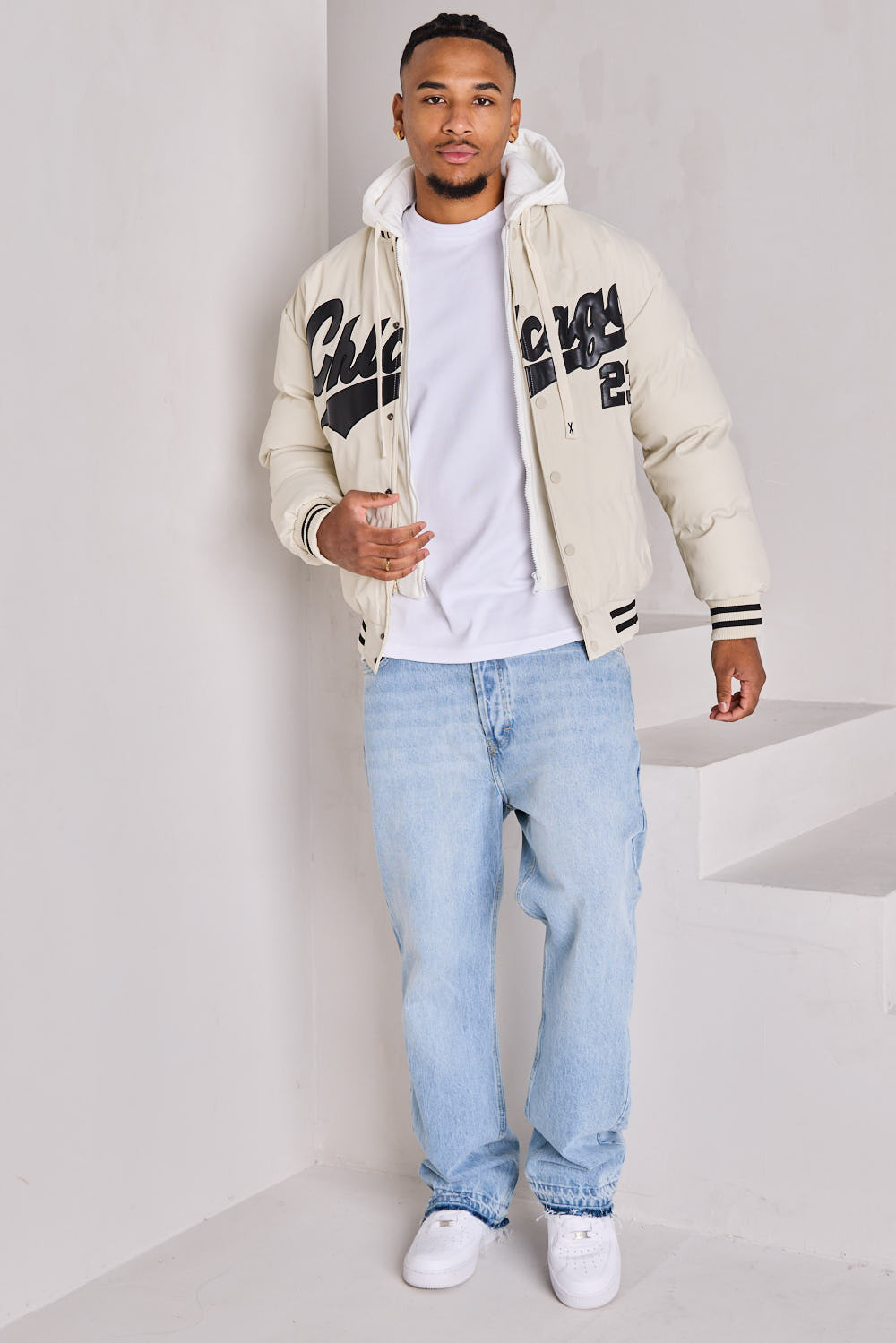Veste double effet bomber beige à capuche