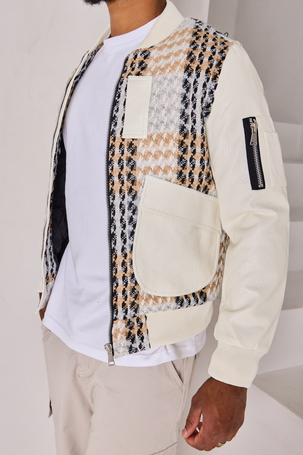 Veste bi-matière à motif tressés beige