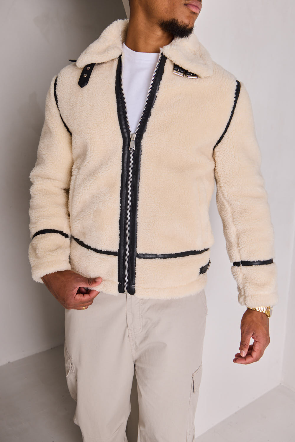 Veste aviateur en peau de mouton beige