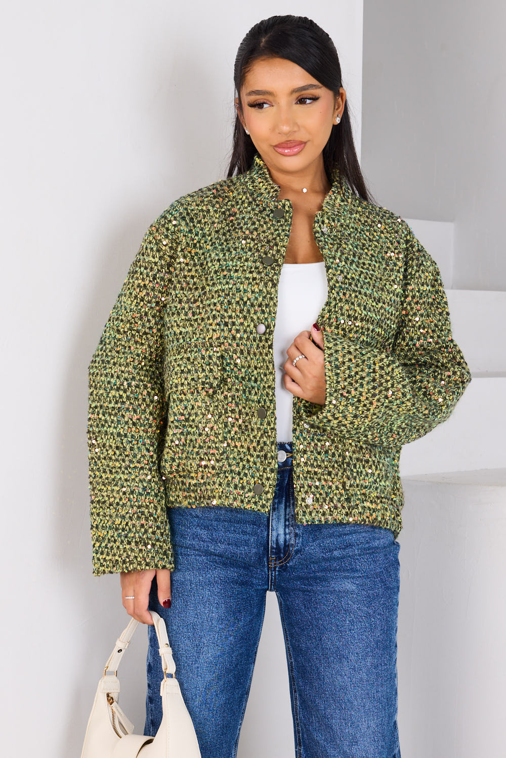 Veste courte texturée à sequins verte