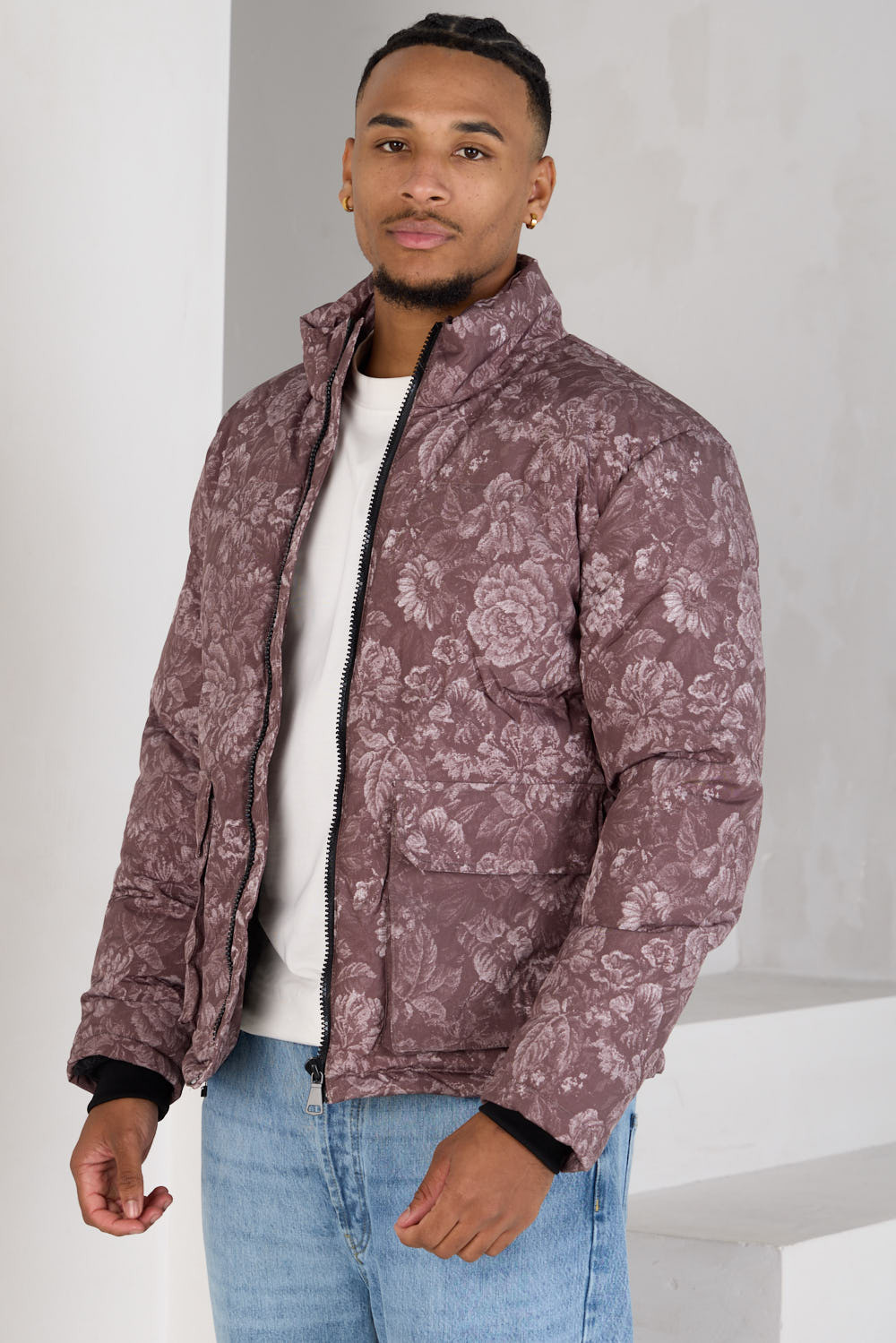 Doudoune marron fleuri