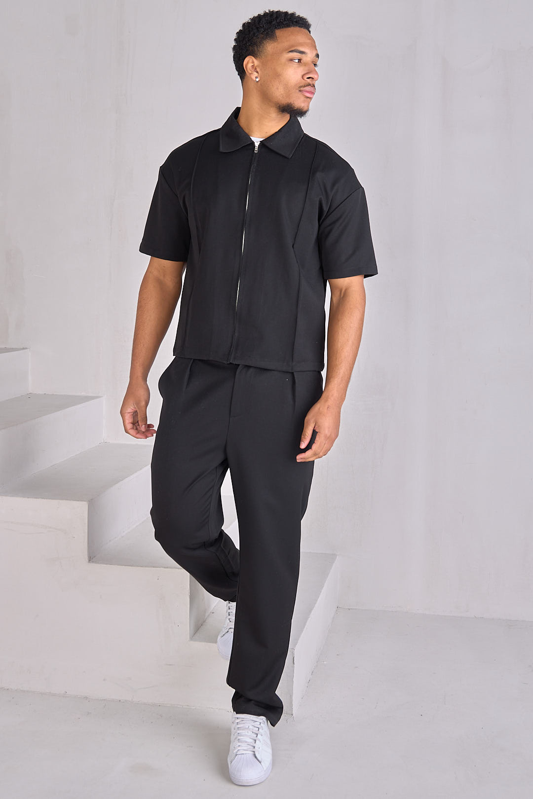 Ensemble 2 pièces chemise zippée + pantalon noir