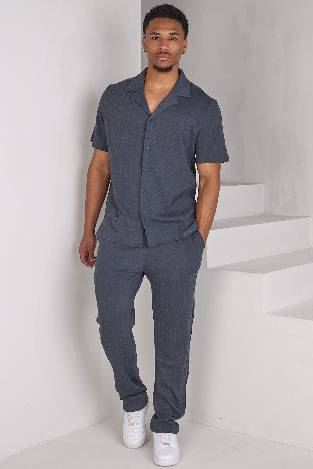 Ensemble 2 pièces polo + pantalon côtelé effet laine gris