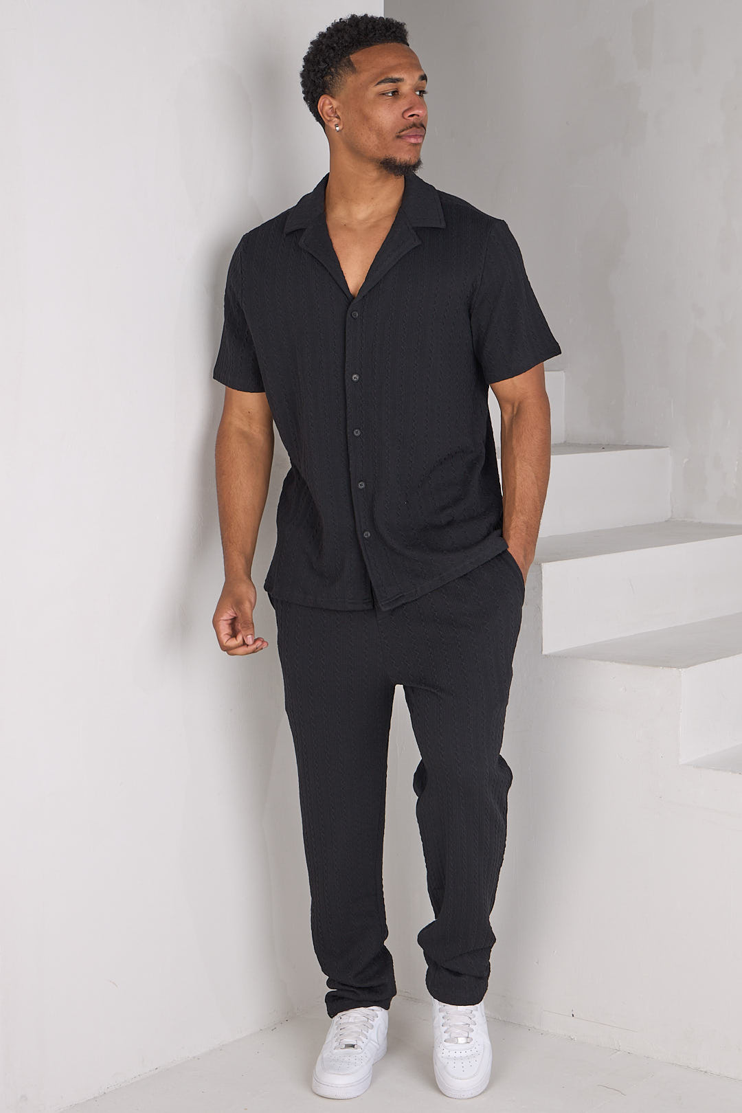 Ensemble 2 pièces polo + pantalon côtelé effet laine noir