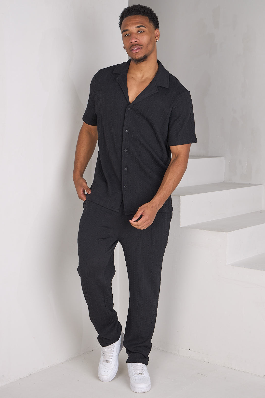 Ensemble 2 pièces polo + pantalon côtelé effet laine noir