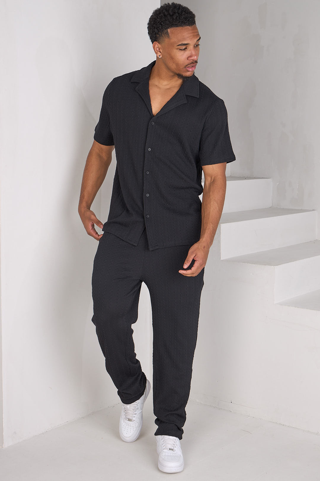 Ensemble 2 pièces polo + pantalon côtelé effet laine noir
