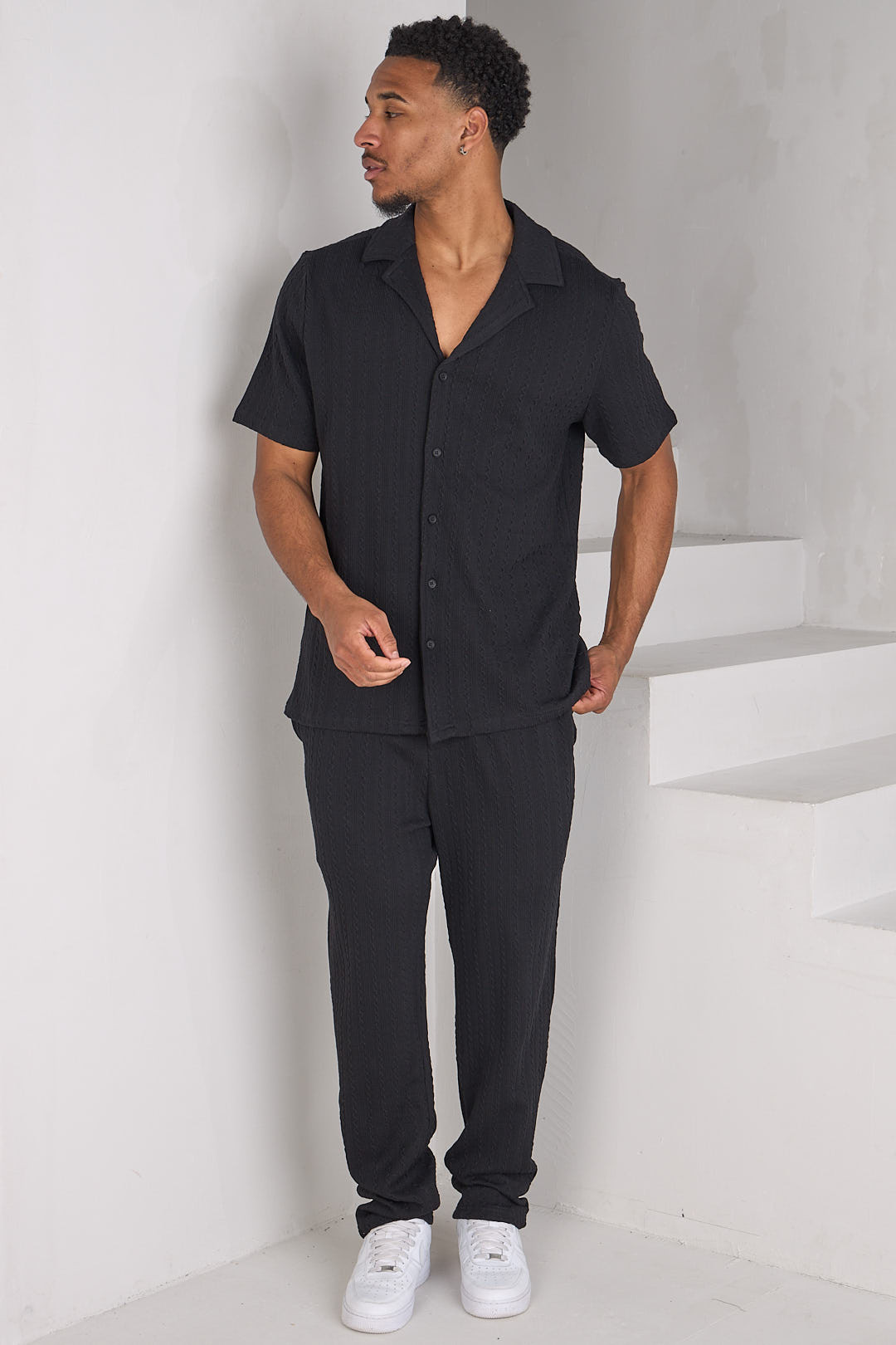 Ensemble 2 pièces polo + pantalon côtelé effet laine noir