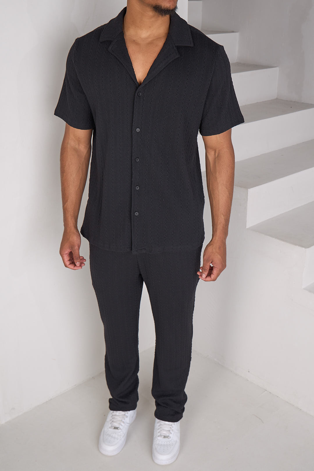 Ensemble 2 pièces polo + pantalon côtelé effet laine noir