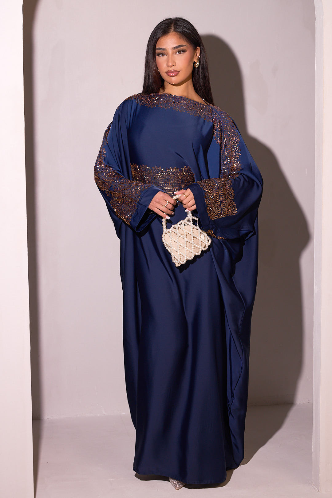 Abaya bleue à empiècement doré + voile