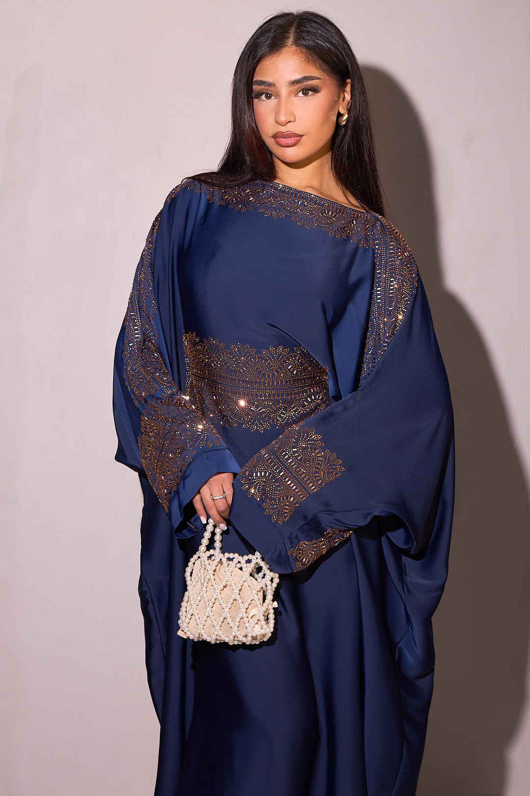 Abaya bleue à empiècement doré + voile