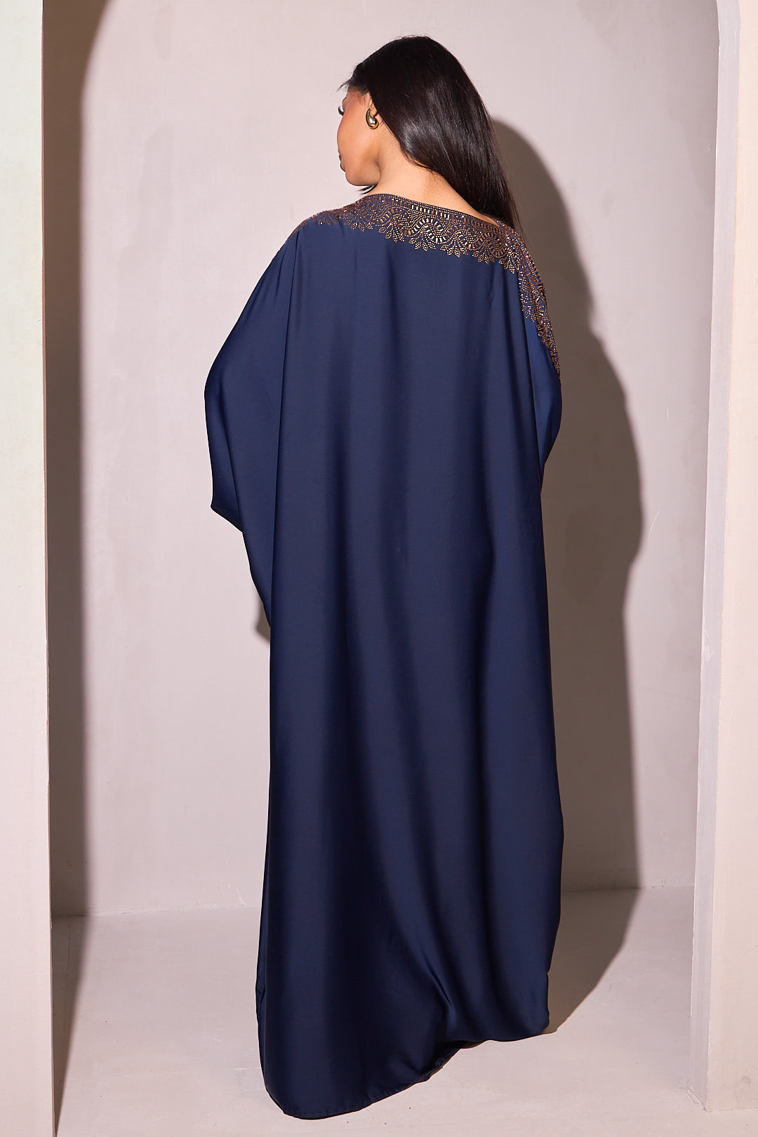 Abaya bleue à empiècement doré + voile