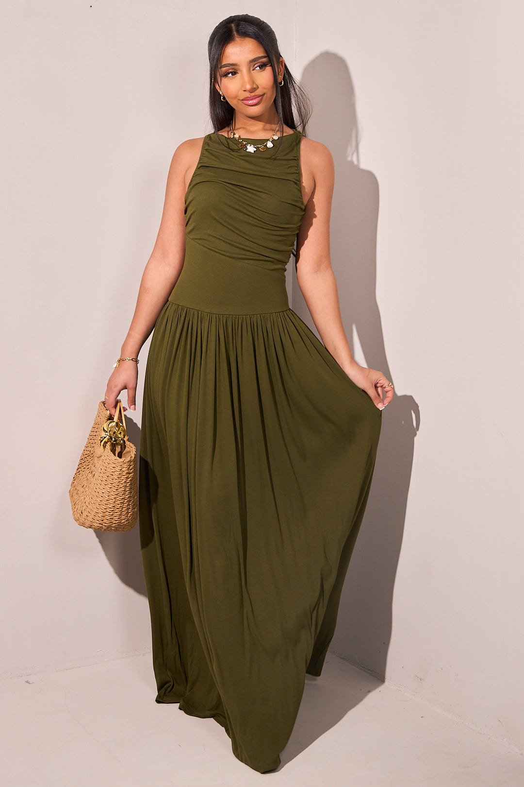 Robe longue ample cintrée kaki tissu doux