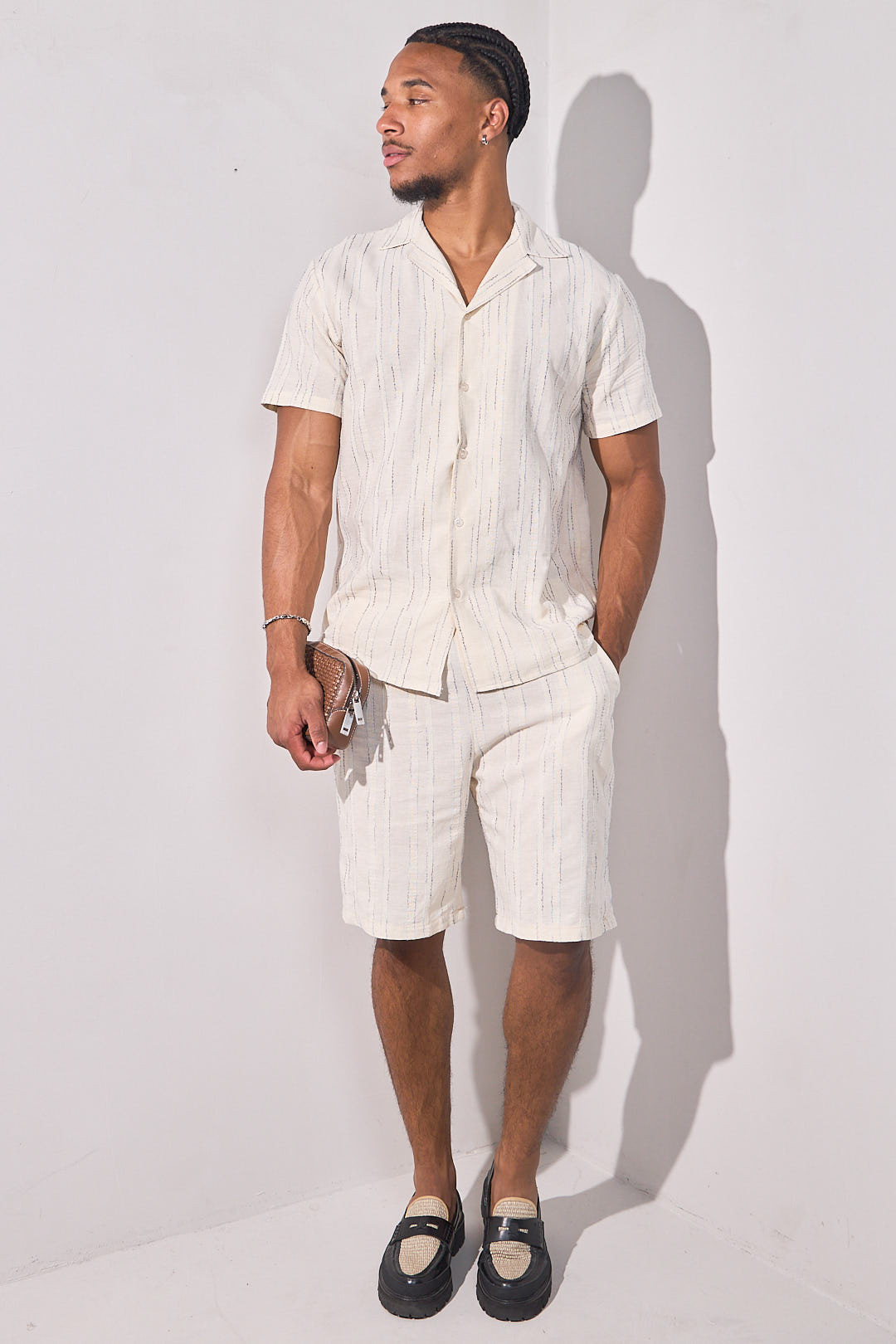 Ensemble 2 pièces beige brodé rayures vertes chemise + short