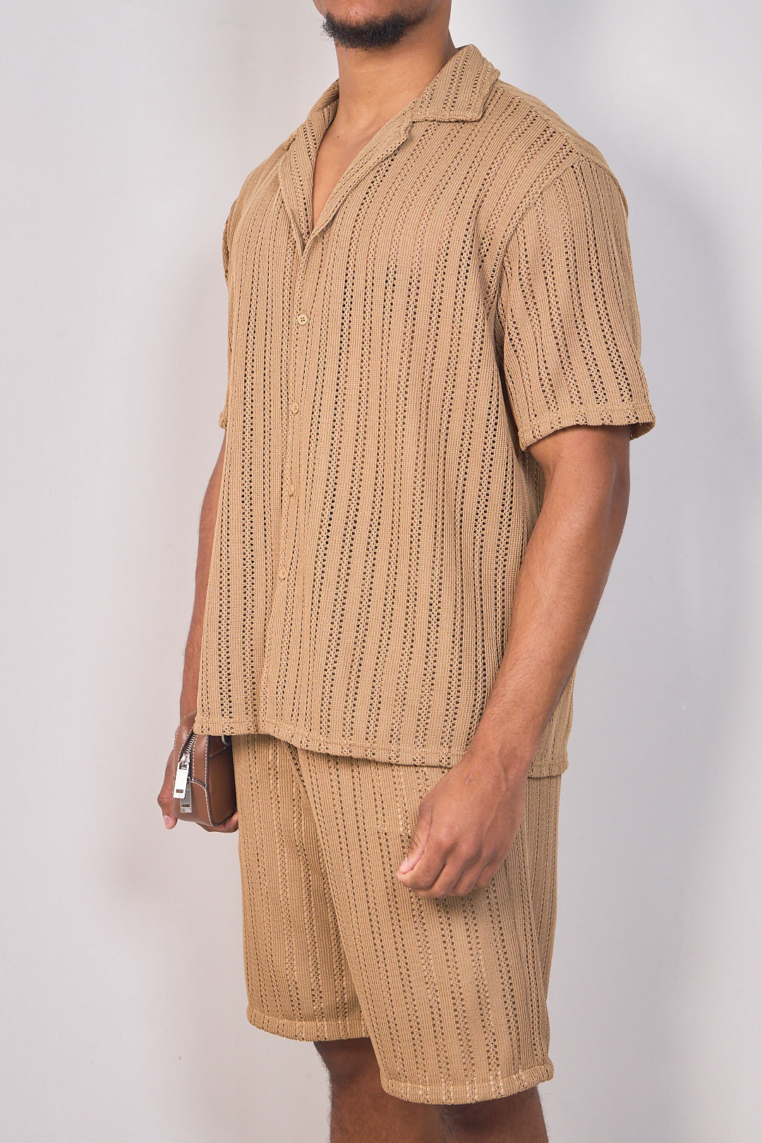 Ensemble 2 pièces en maille chemise + short marron