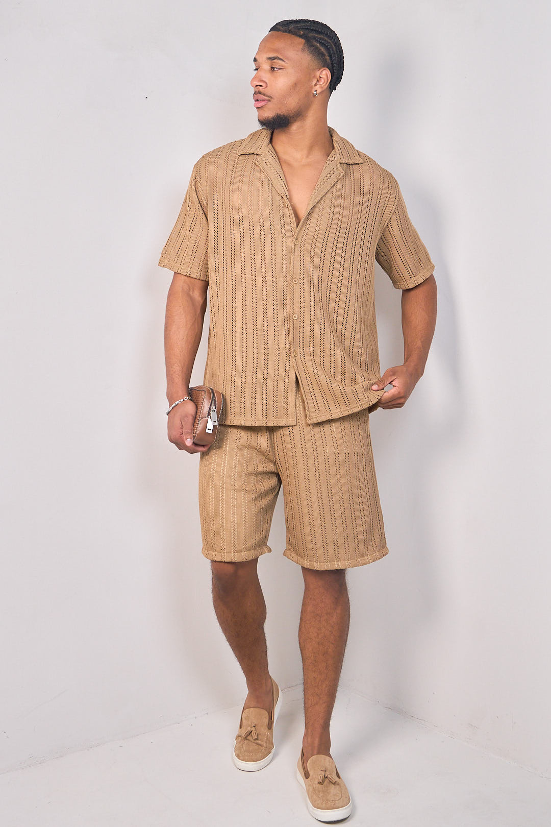 Ensemble 2 pièces en maille chemise + short marron