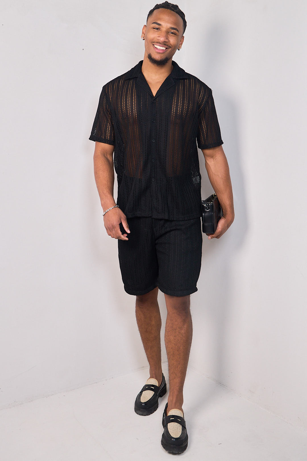 Ensemble 2 pièces en maille chemise + short noir